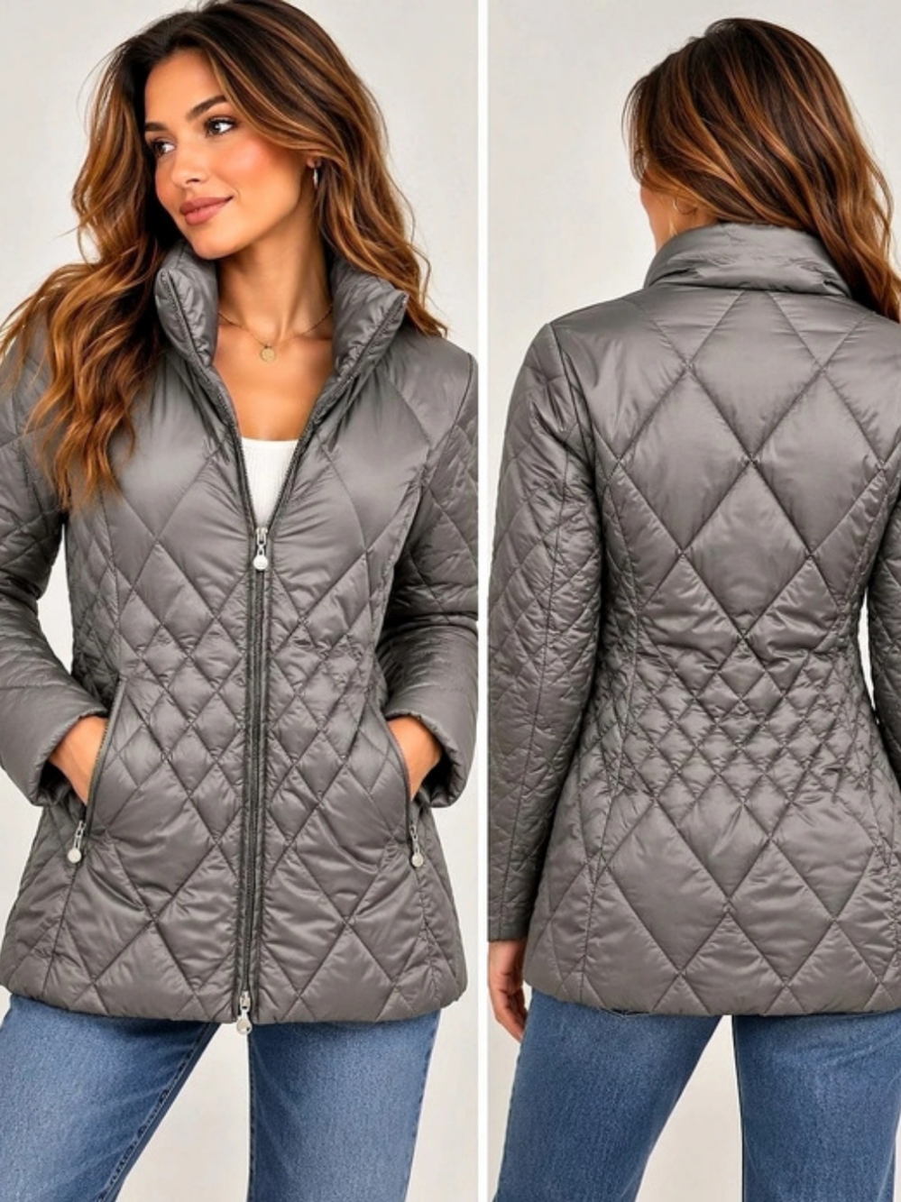 Eddie Bauer Gray Goose Down Quilted Puffer Jacket